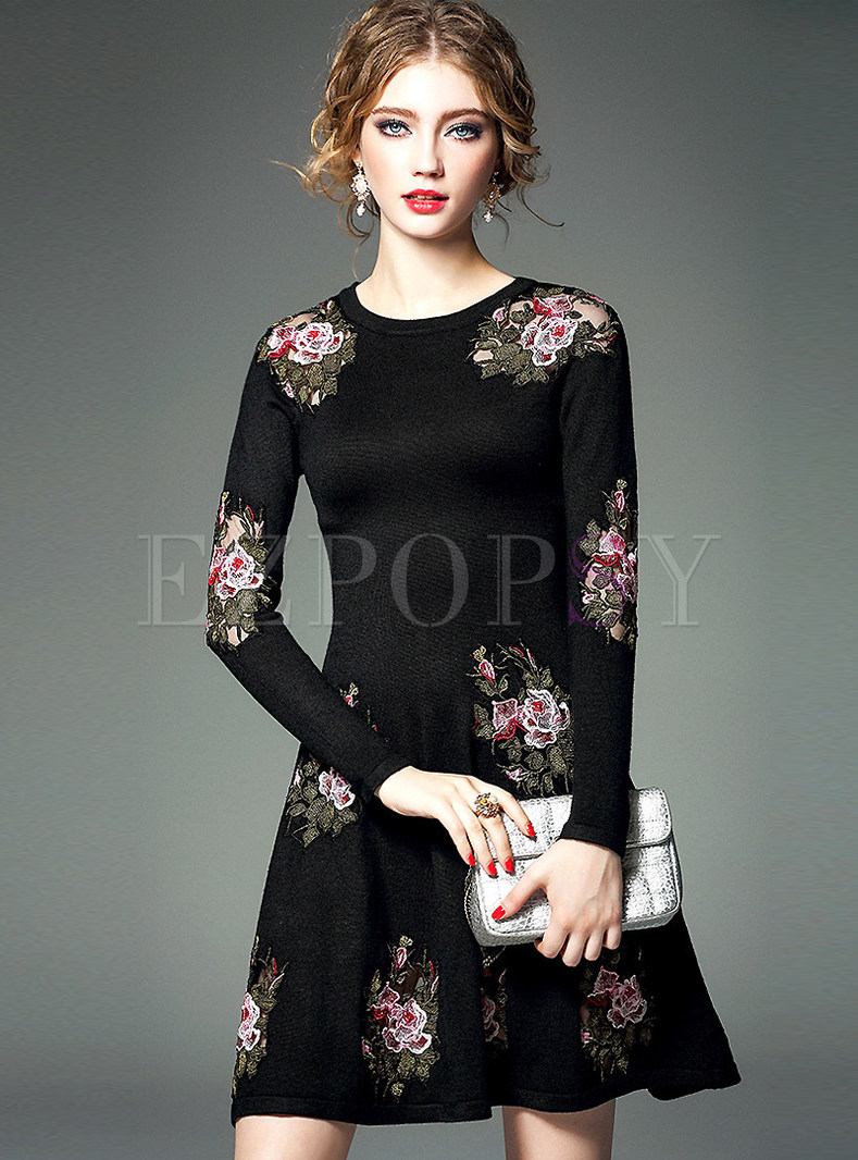 Dresses | Skater Dresses | Embroidery Wool Blend Dress