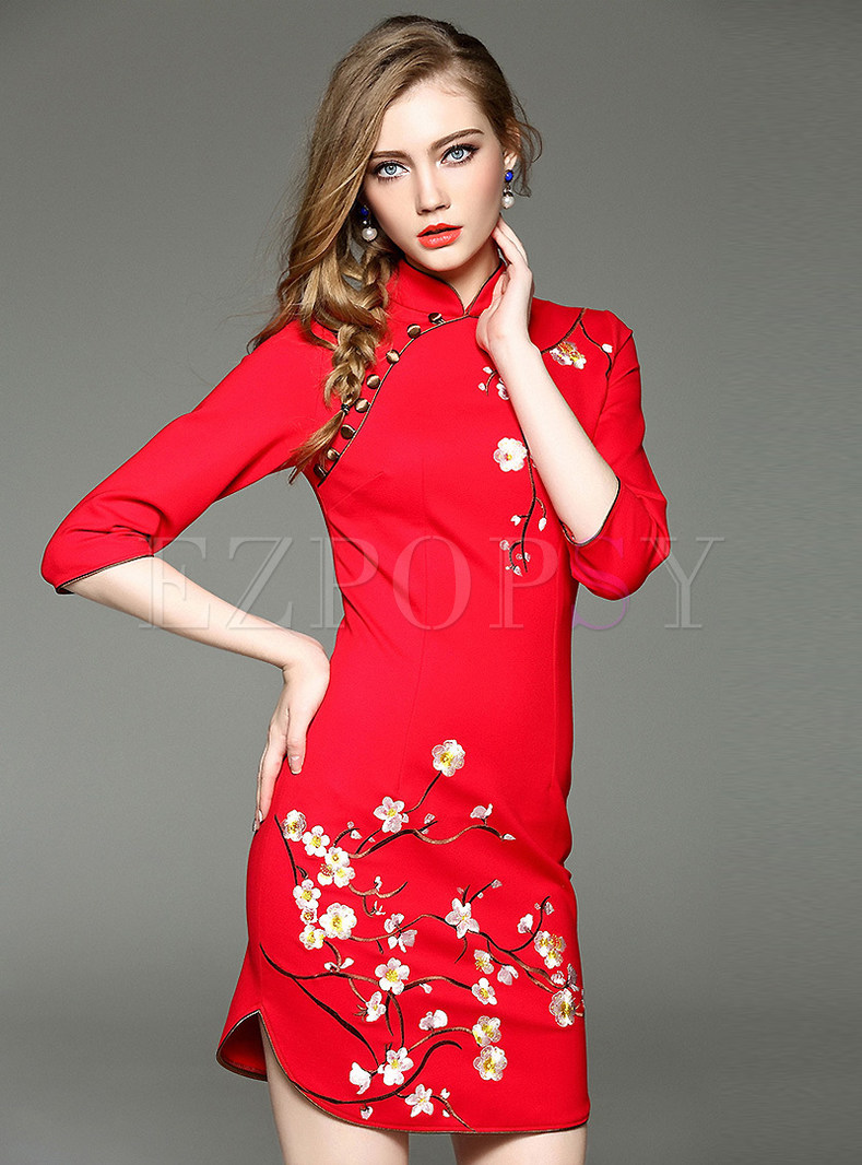 Dresses | Bodycon Dresses | Elegant Embroidery Mandarin Dress