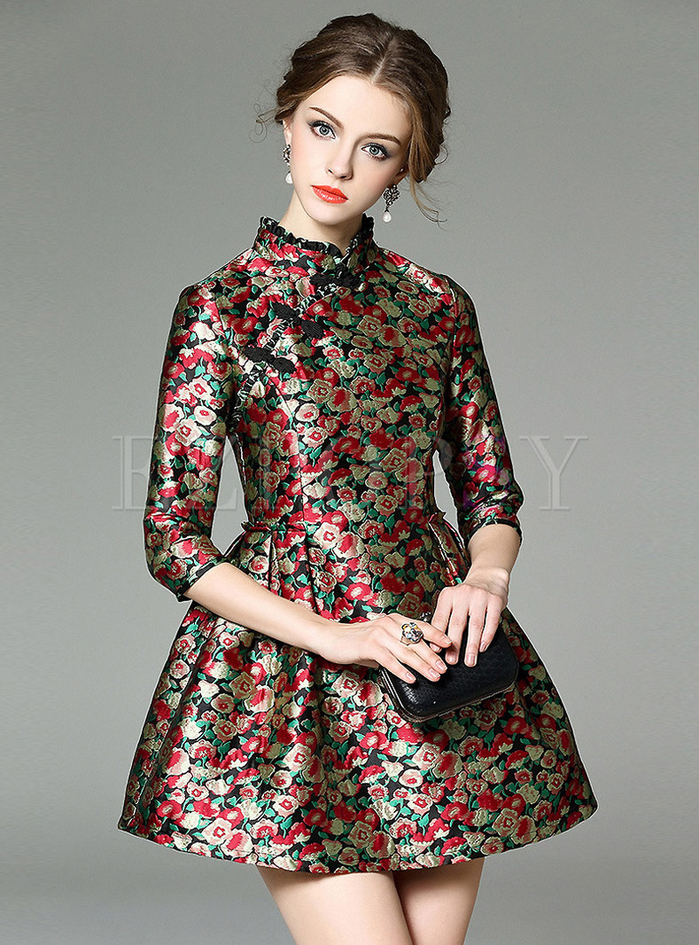 Dresses | Skater Dresses | Mandarin Collar Floral Print Dress