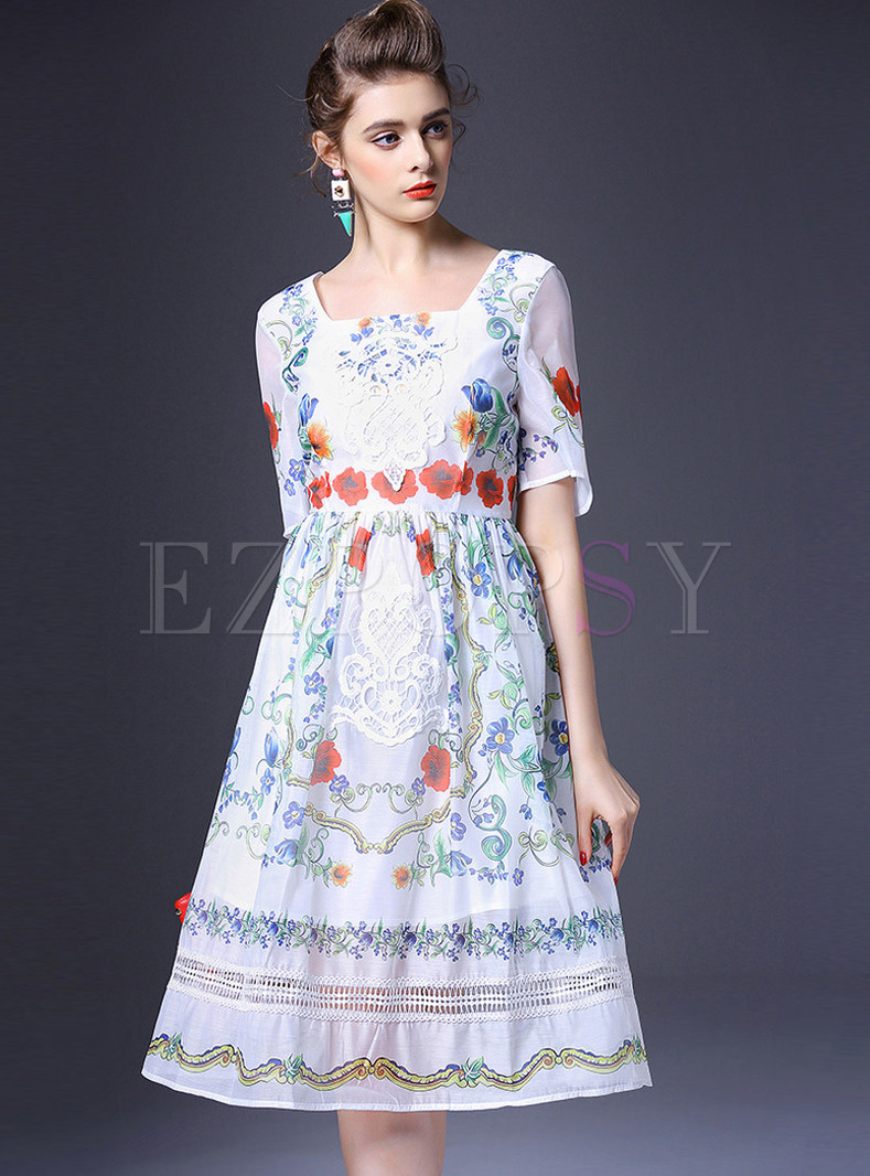 Dresses | Skater Dresses | Square Collar Embroidery Dress