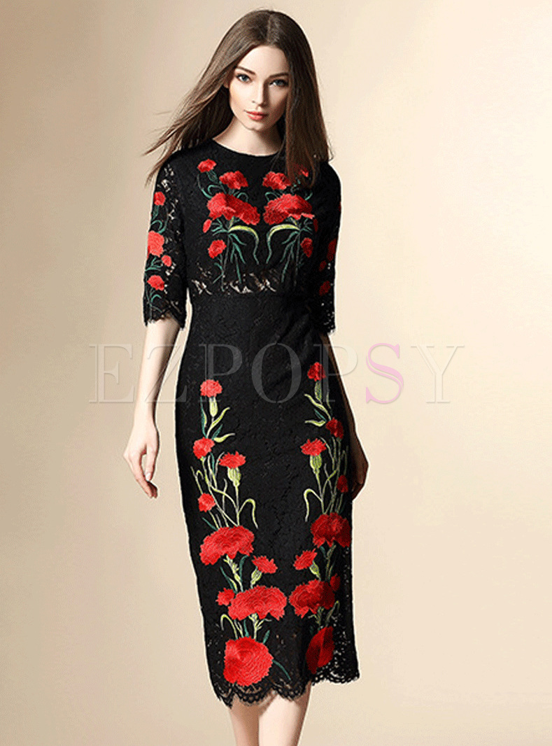 Dresses | Maxi Dresses | Embroidery Patch Lace Slim Dress