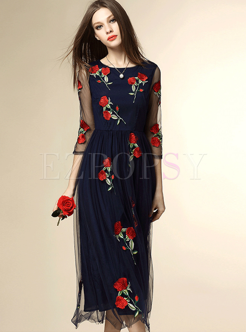 Dresses | Maxi Dresses | Embroidery Mesh Long Dress