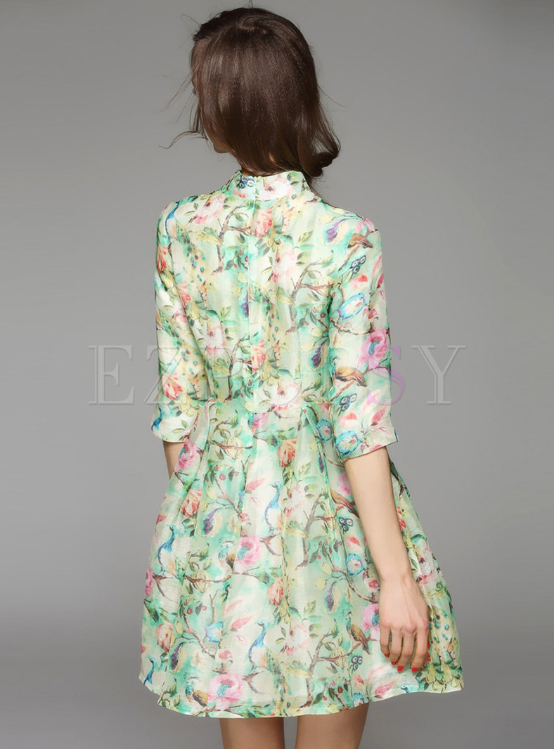 Dresses | Skater Dresses | Mandarin Collar Print A-Line Dress