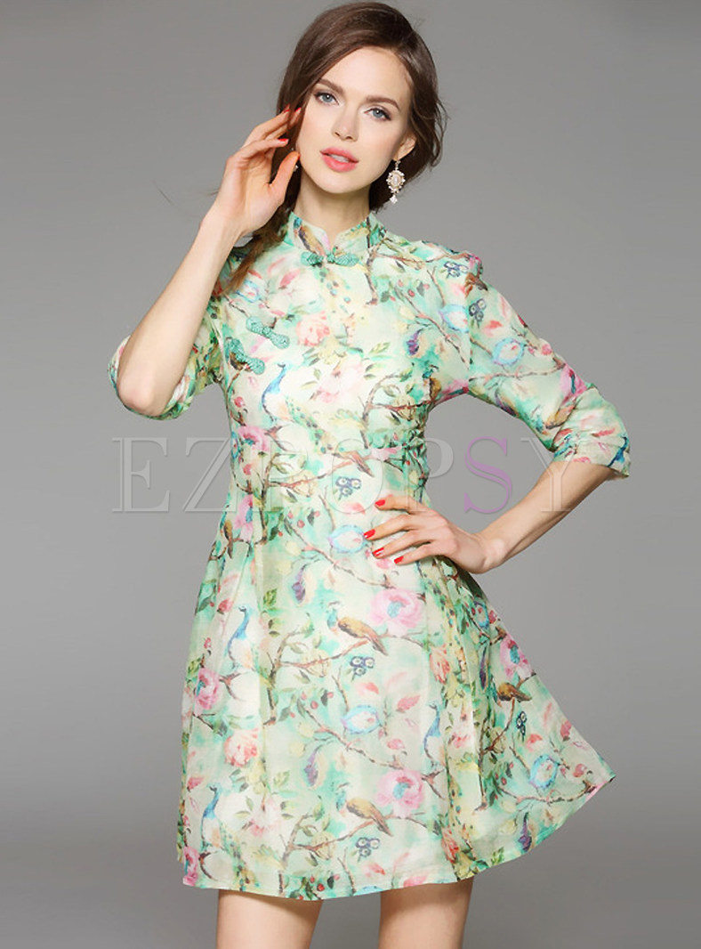 Dresses | Skater Dresses | Mandarin Collar Print A-Line Dress