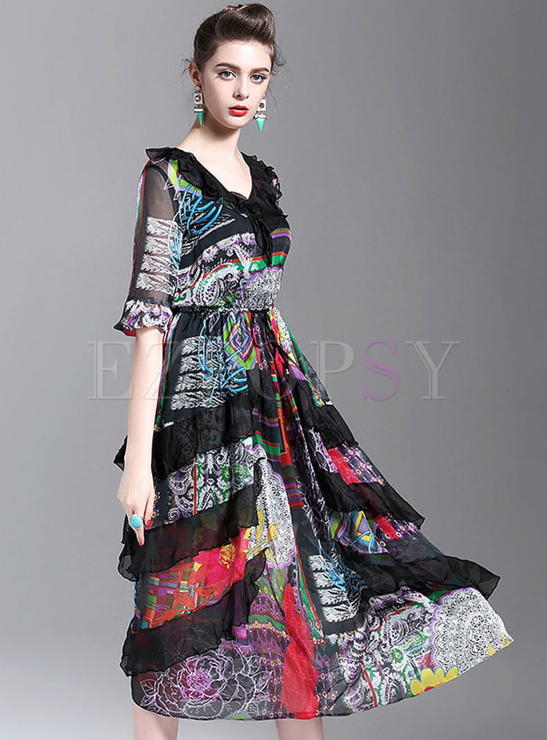 Dresses | Maxi Dresses | V-neck Silk Print Maxi Dress