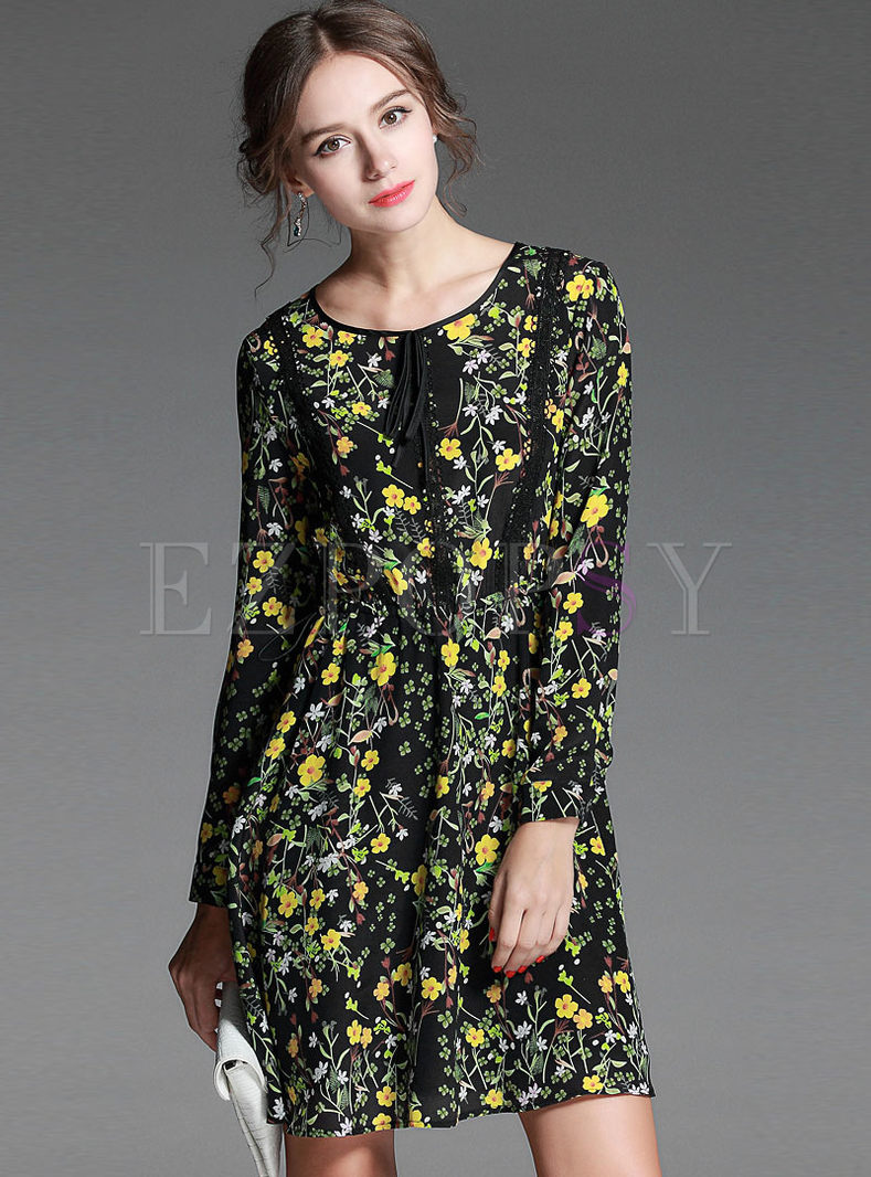 Dresses | Skater Dresses | O-neck Silk Print Slim Dress