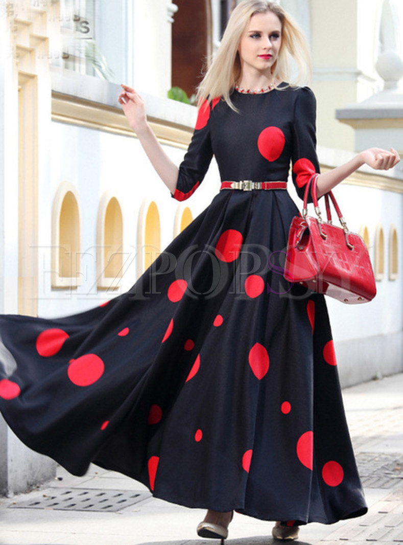 Mid Sleeve Black Dot Maxi Dress