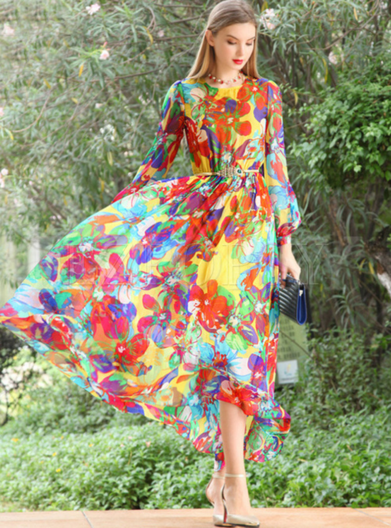 Summer Silk Print Maxi Dress