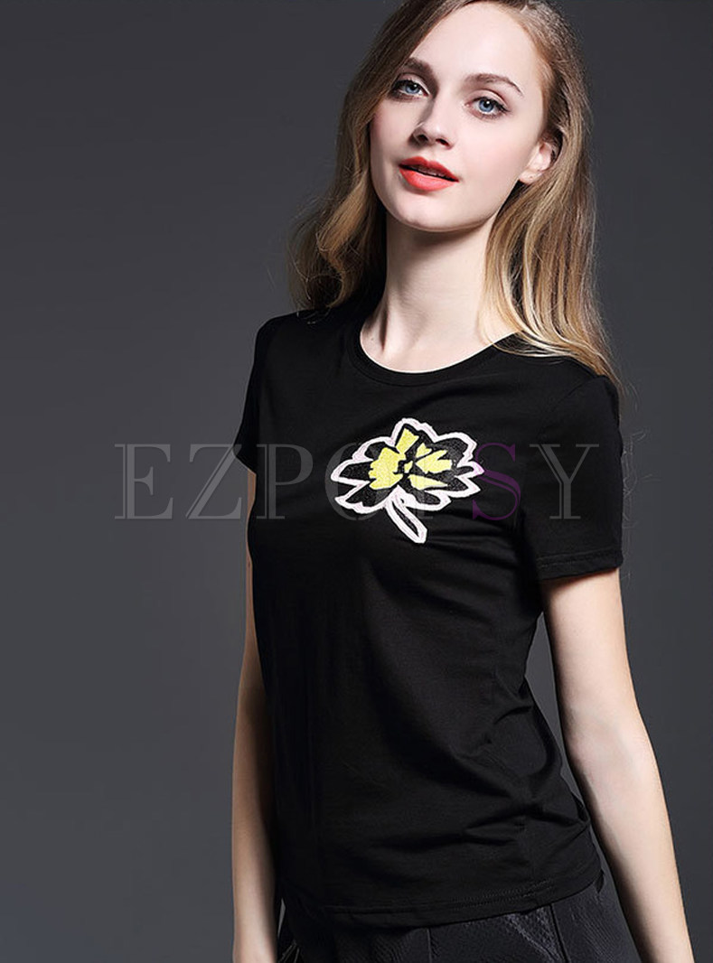 Pullover O-Neck Embroidery T-Shirt