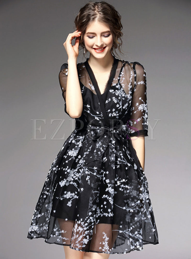 Dresses | Skater Dresses | See Through Look Print A-Line Dress