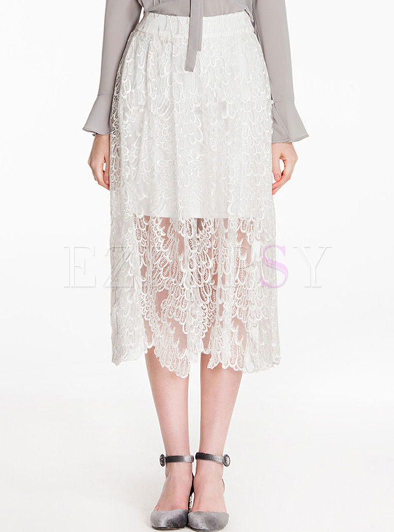 White Sexy Mesh Embroidery Patch Skirt