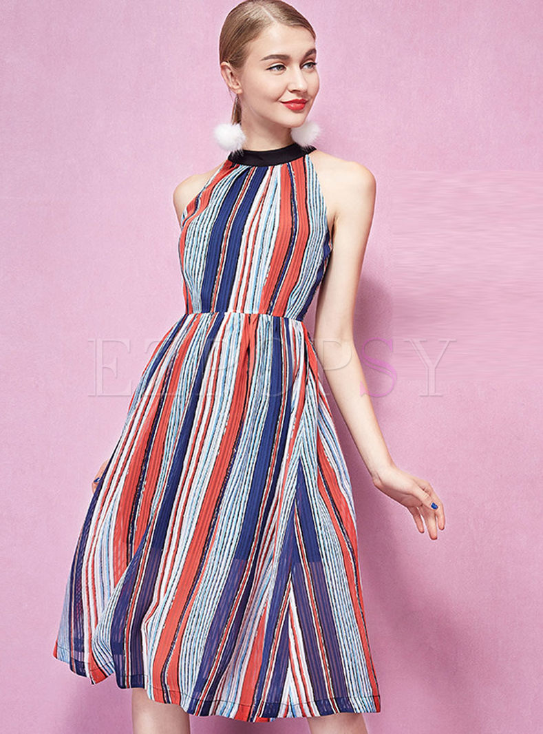 Chic Vertical Stripe Tight Waist A-Line Dress