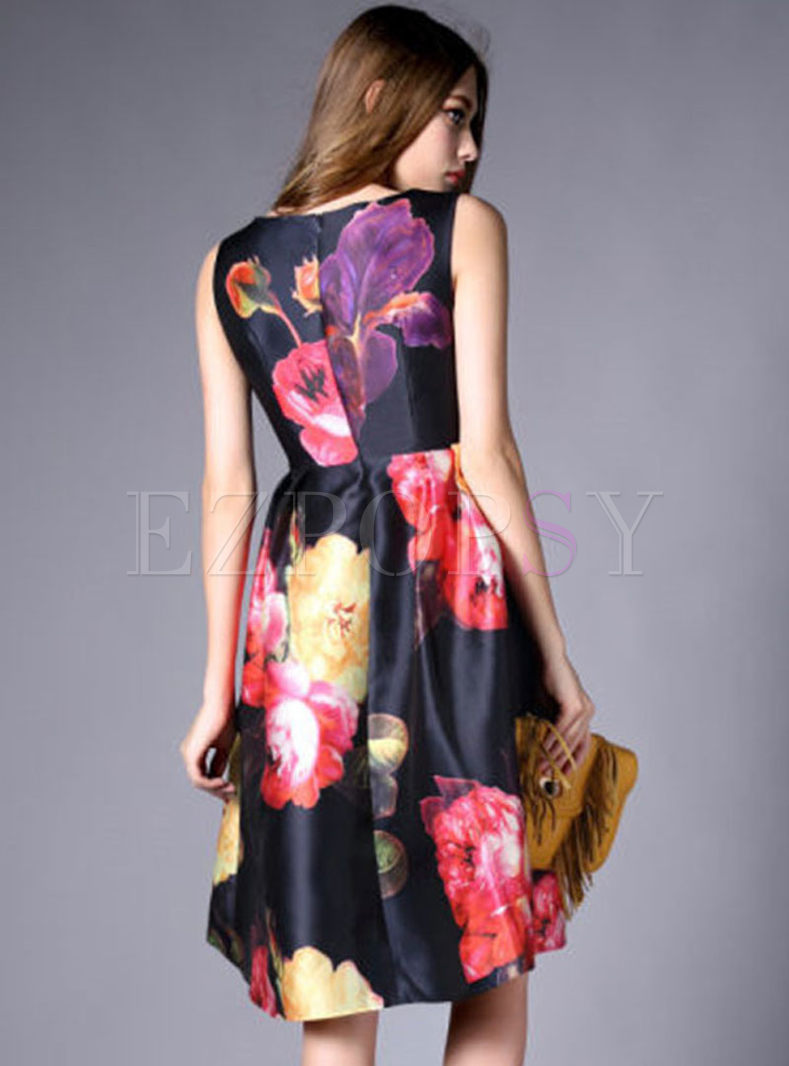 Dresses | Maxi Dresses | Sleeveless Flower Print Tight Waist A-Line Dress