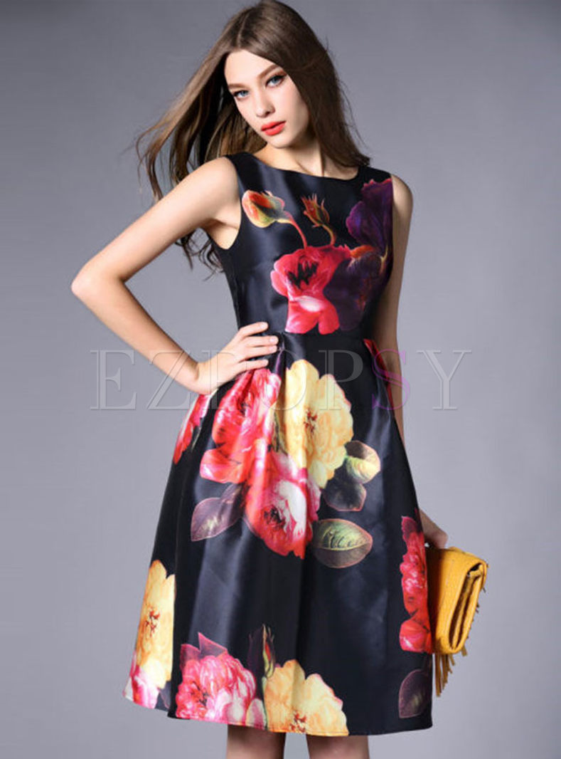 Dresses | Maxi Dresses | Sleeveless Flower Print Tight Waist A-Line Dress