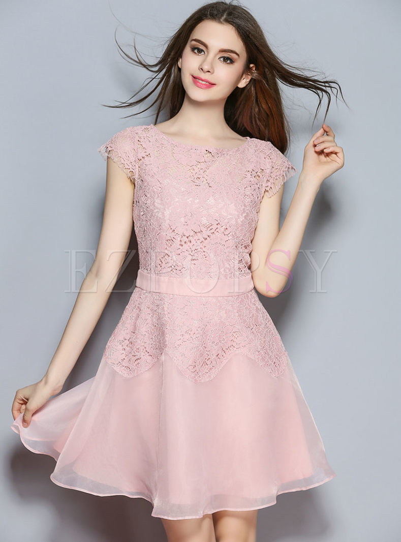 Dresses | Skater Dresses | Pink Organza Lace Patch Tight Waist A-Line Dress