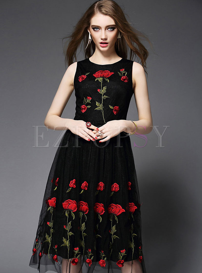 Elegant Mesh Rose Embroidery Patch A-Line Dress