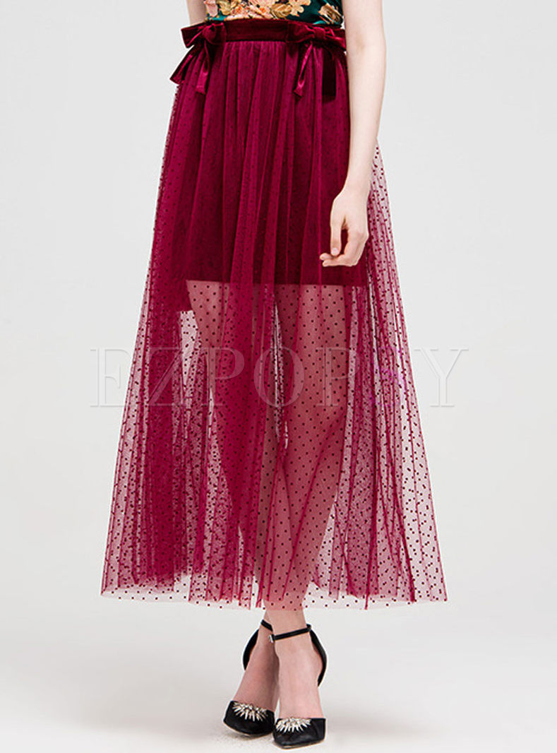 Red See Through Look Mesh Patch Long Skirt
