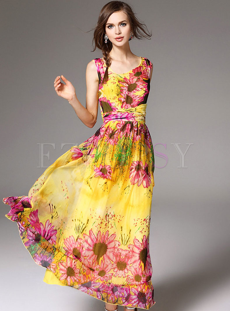 Dresses | Maxi Dresses | Summer Silk Flower Print Tight Waist Bohemian ...