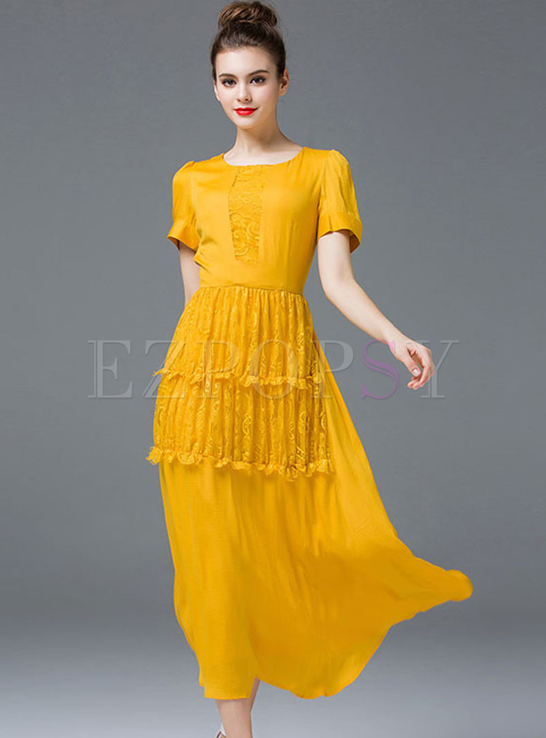 Dresses | Maxi Dresses | Yellow Lace Tight Waist A-Line Dress