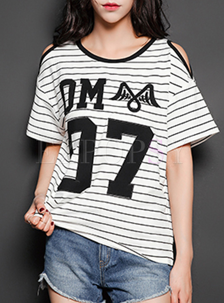 Tops | T-shirts | Stripe Patch Letter Print Top