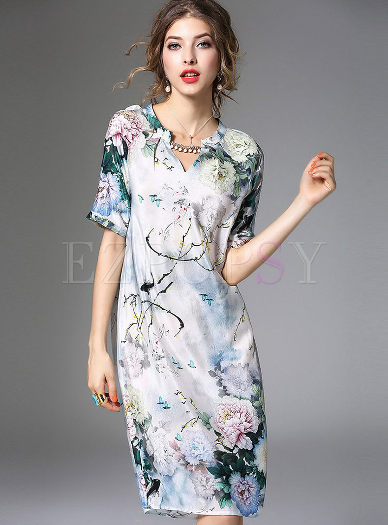 Vintage Floral Print Bead Loose Silk Dress