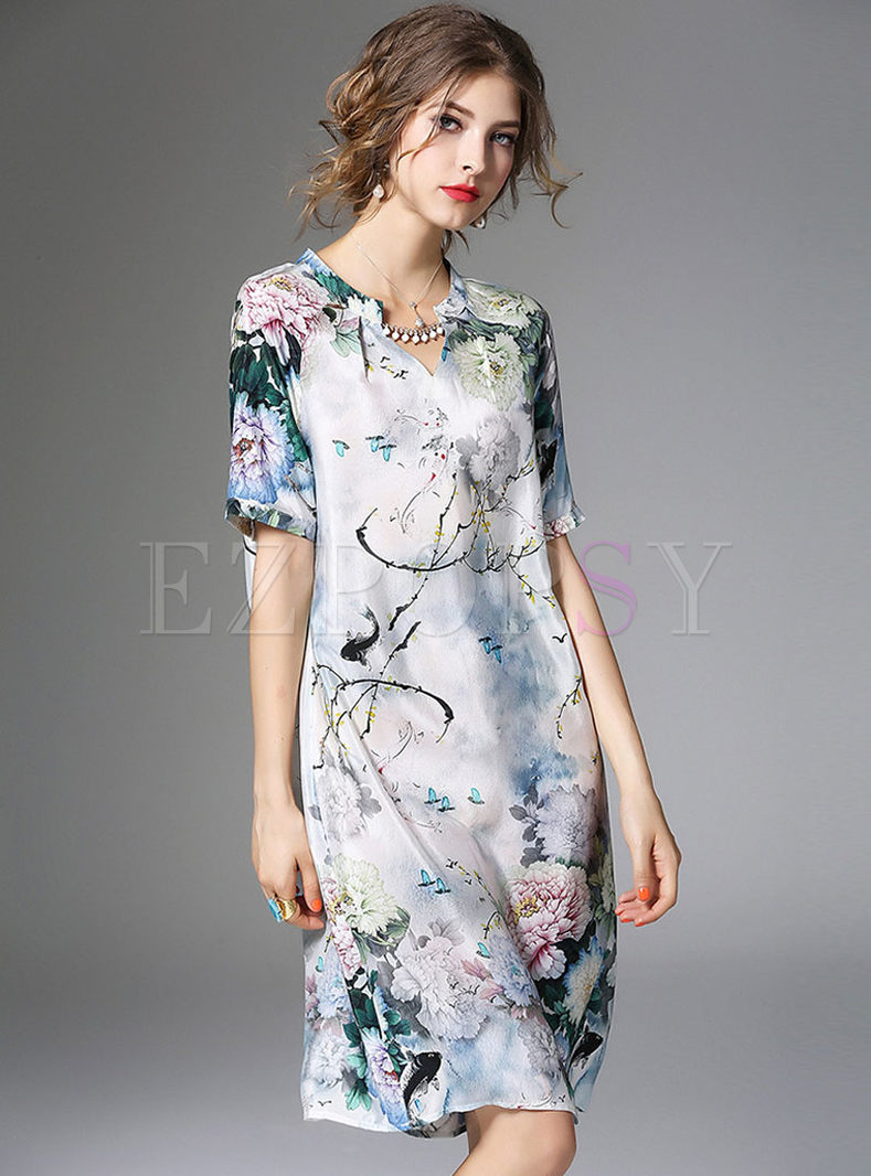 Dresses | Shift Dresses | Vintage Floral Print Bead Loose Silk Dress