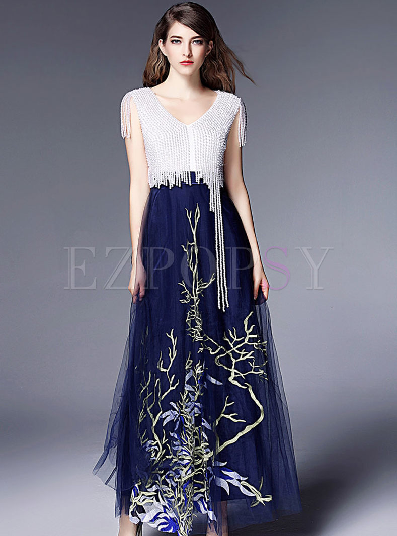 Elegant Bead Embroidery High Waist Maxi Dress