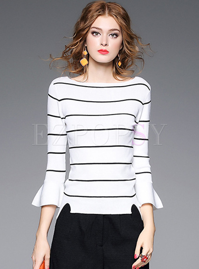 Flare Sleeve Stripe Patch Pullover T-Shirt