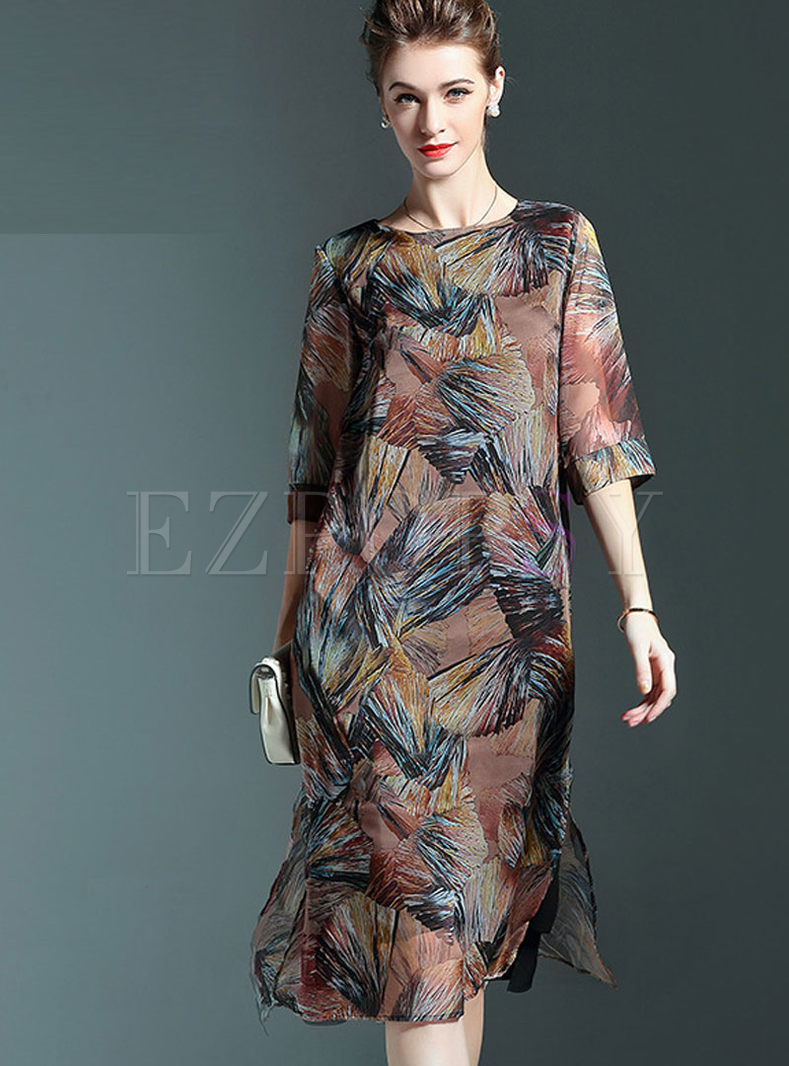 Round Neck Floral Printed Shift Dress