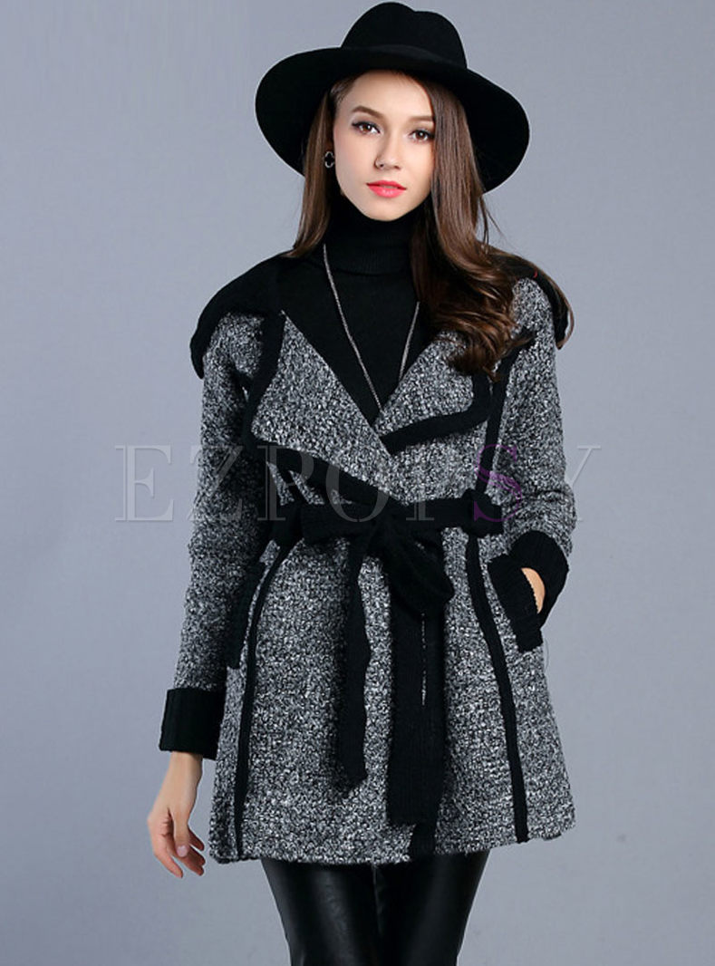 Color Block Bowknot Concise Trench Coat