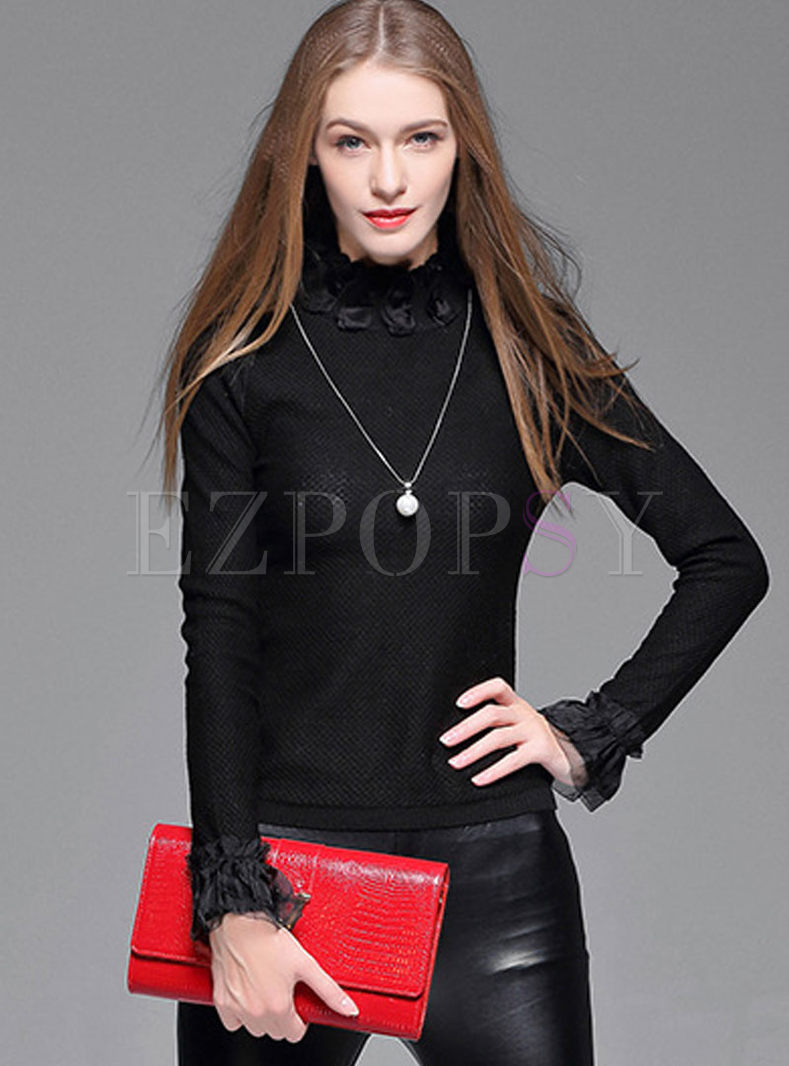 Solid Color Lace Patchwork Slim Sweater