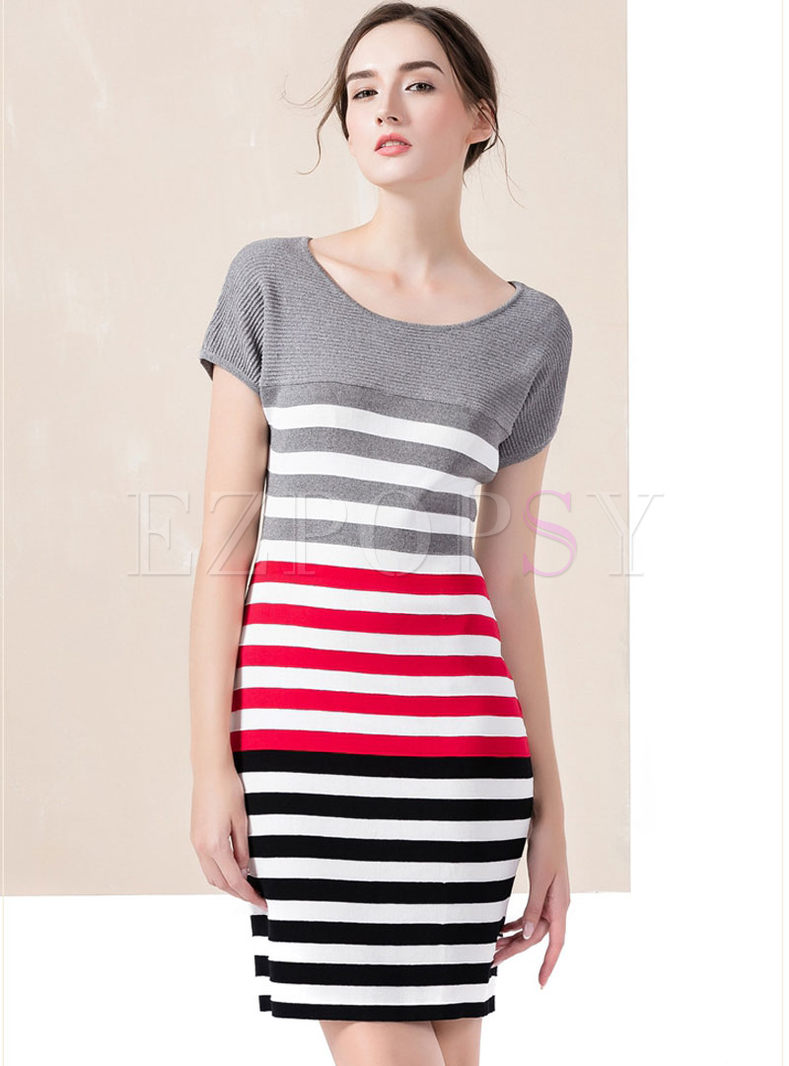 Brief Patchwork Striped Knitted Dress
