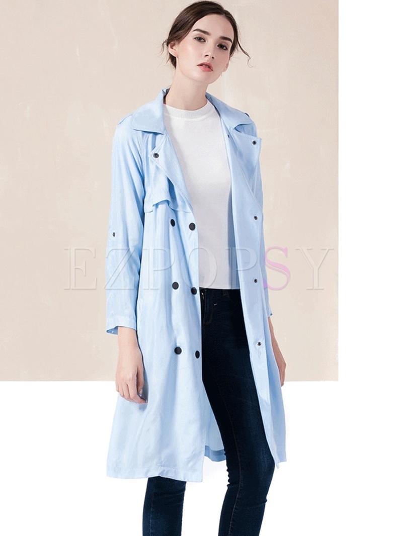 Sky Blue Notched Cotton Trench Coat