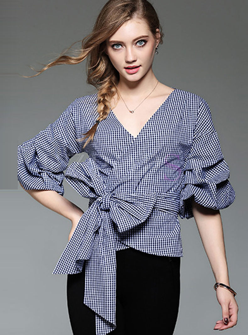 Stylish Grid Print Flare Sleeve Bowknot Patch Blouse
