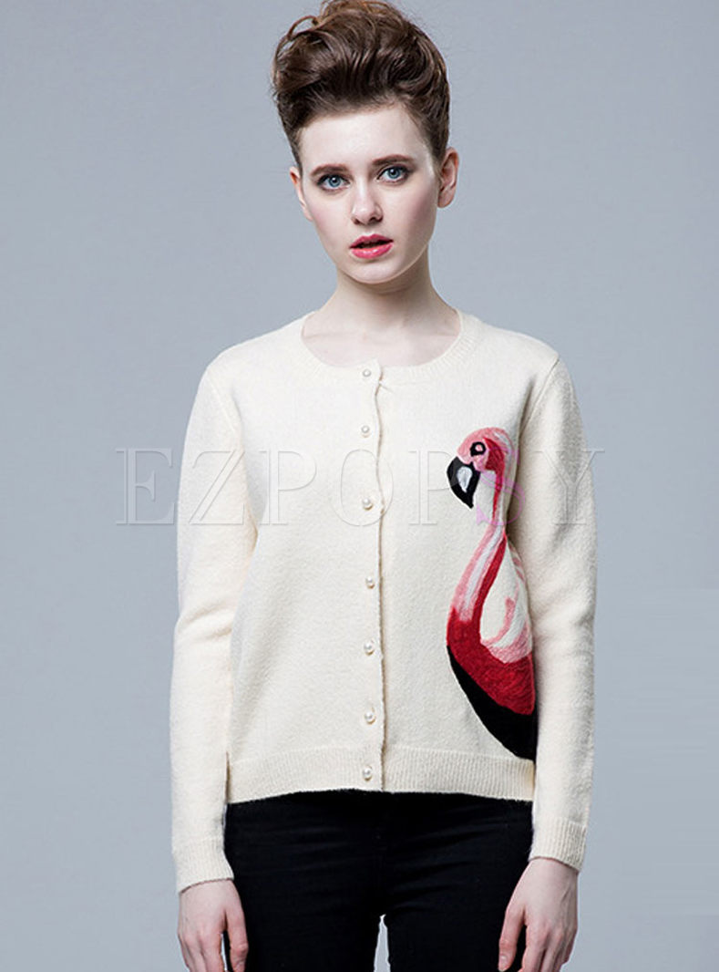 Chic Swan Print Zip-Up Knitted Sweater
