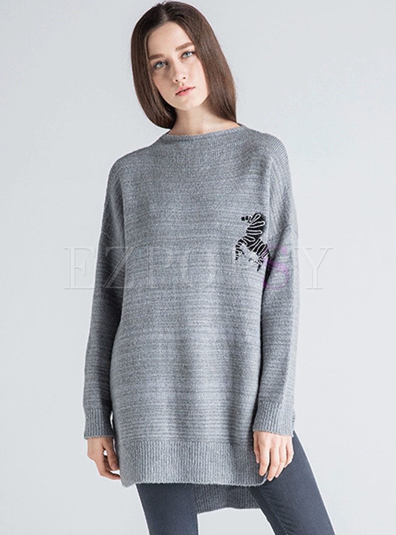 Slash Neck Striped Side Slit Sweater