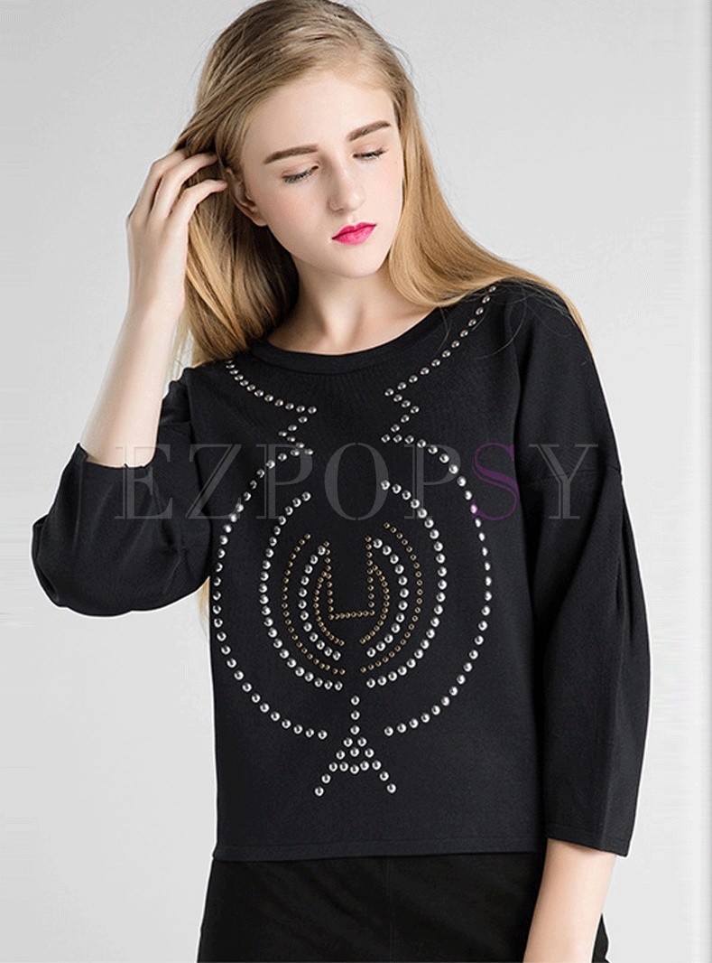 Sequined Three Quarter Sleeve Pullover Sweater