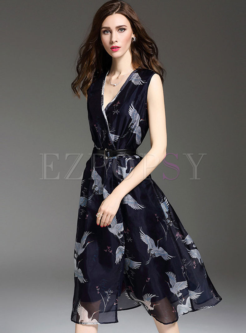 Dresses | Skater Dresses | Elegant Swan Print V-neck High Waist Dress