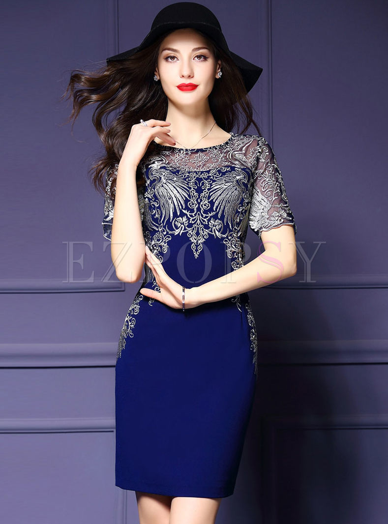 Vintage Embroidery lace short sleeve bodycon Dress