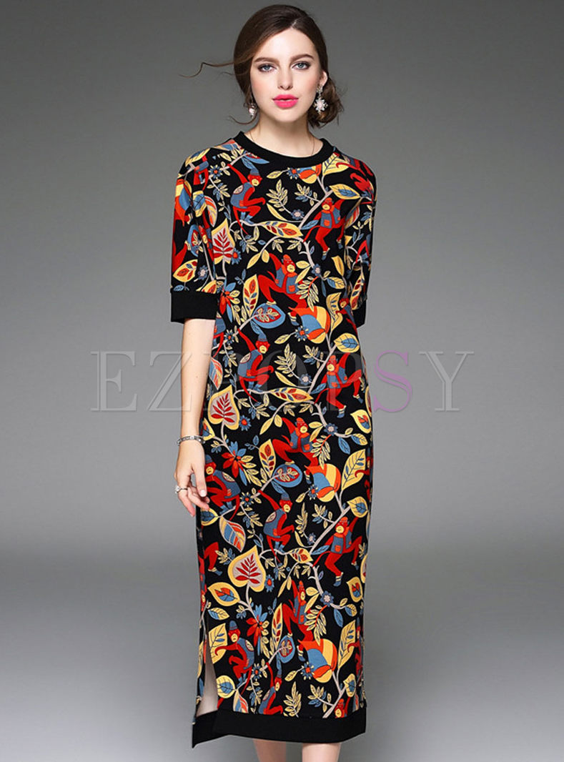 Ethnic Floral Print Side Slit Casual Maxi Dress