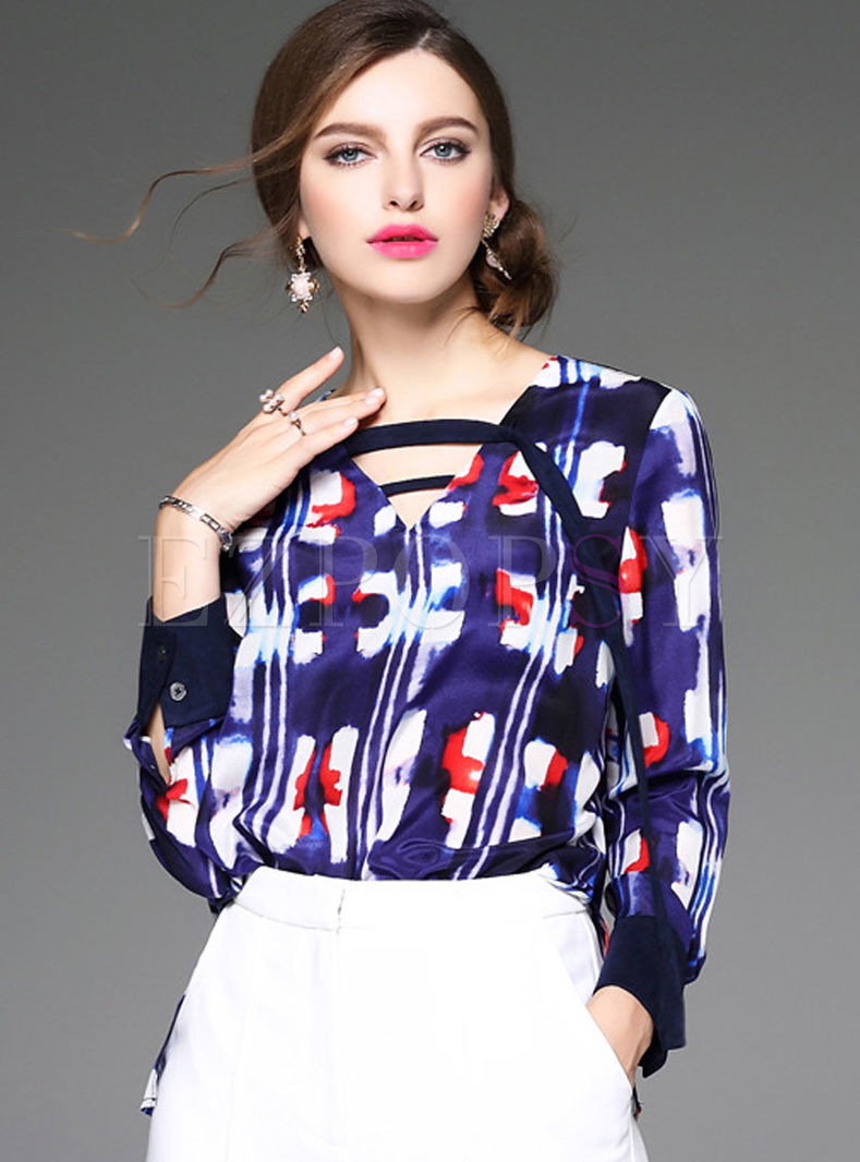 Chic Hollow Floral Print Pullover Blouse