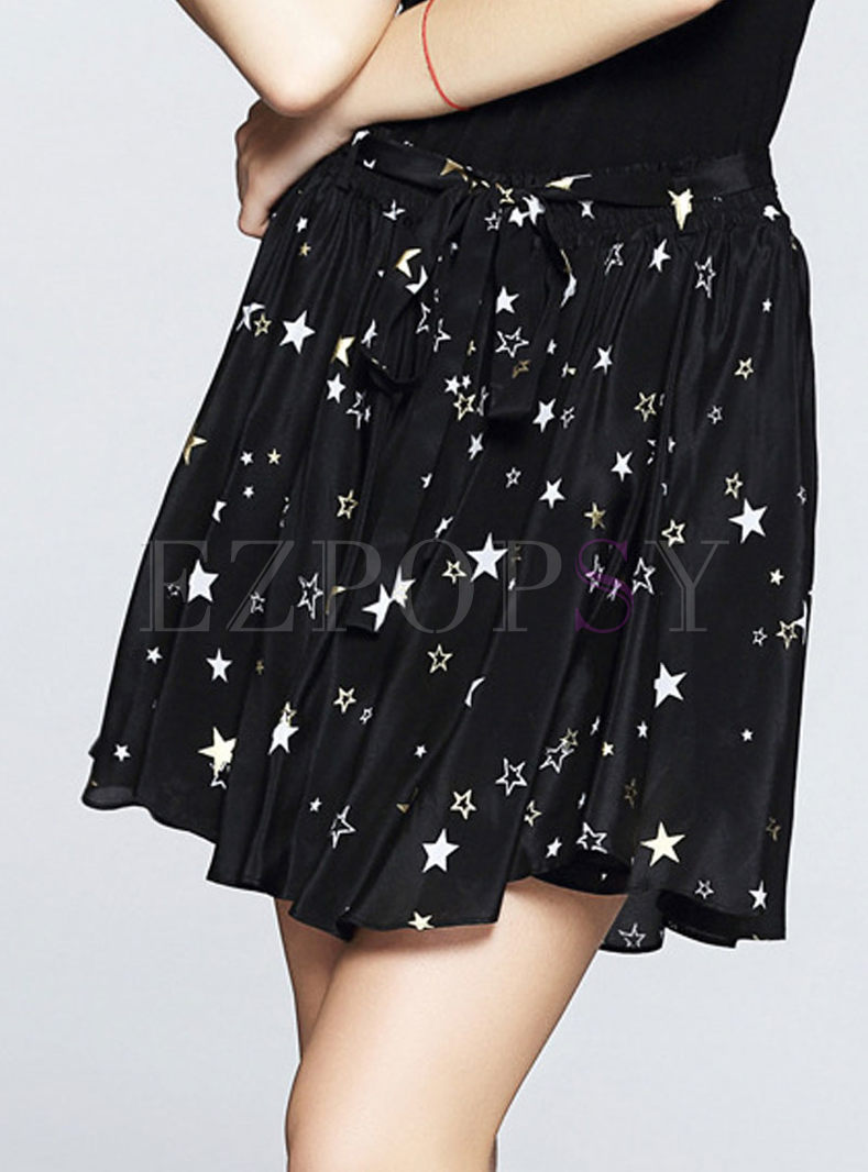 Silk Star Print Pleated Black Skirt
