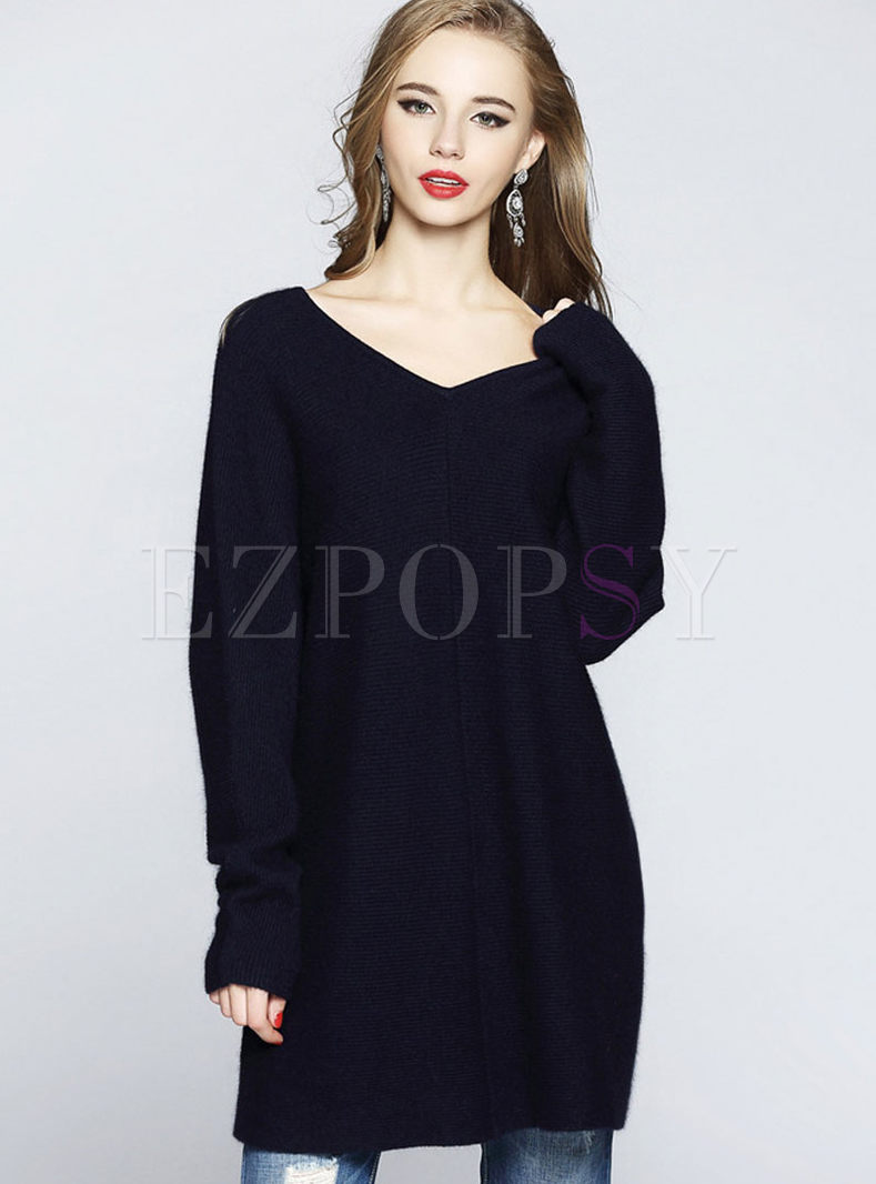 V-Neck Solid Causal Knit Pullover Sweater 