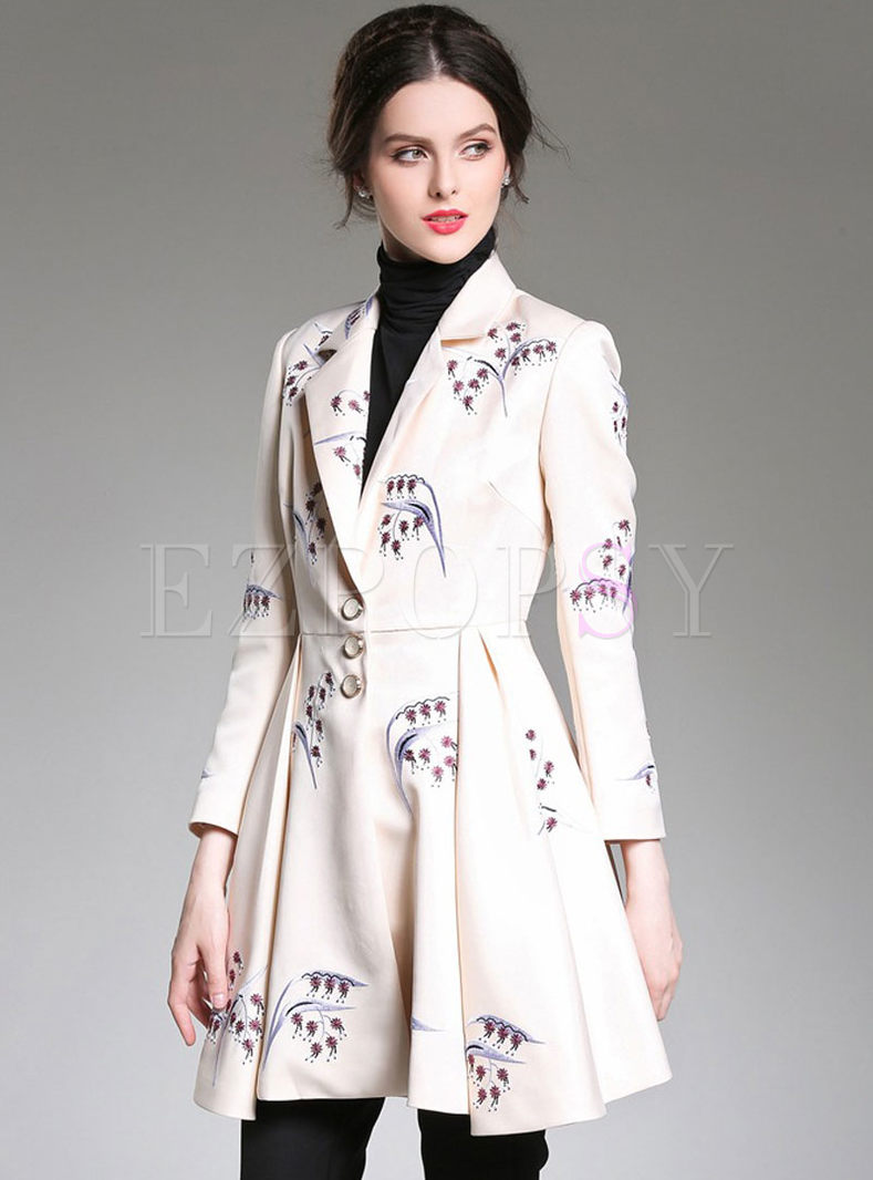 Notched Embroidered Pleated A Line Trench Coat