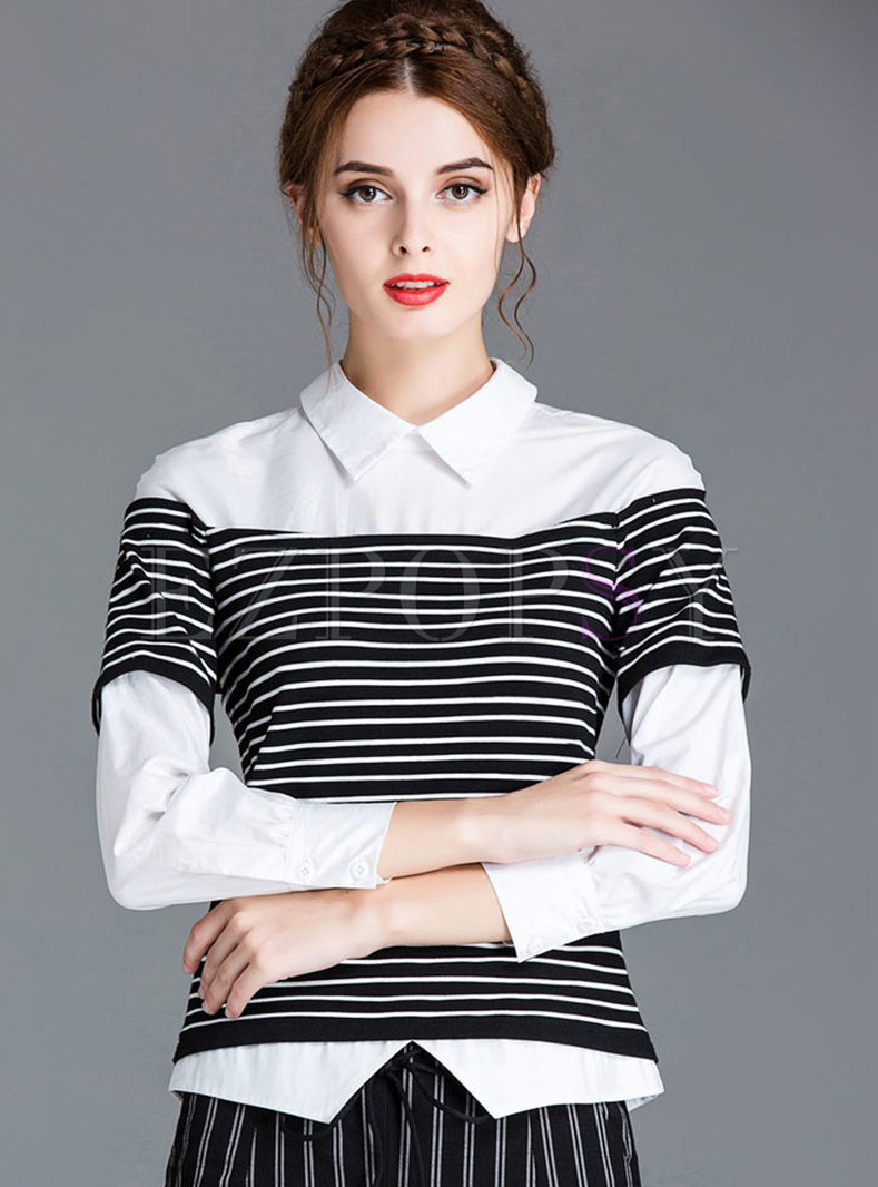 Stand Collar Fake Two Set Piece Striped Patchwork Knit Sweater