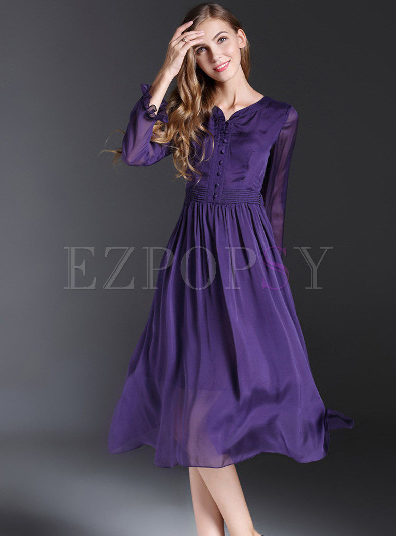Pure Color Loose Silk Pleated Skater Dress