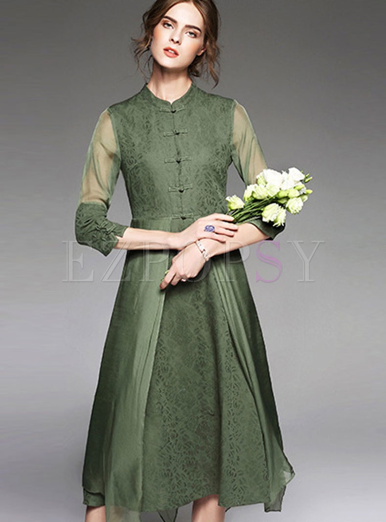 Vintage Pure Color Stand Collar Long Dress