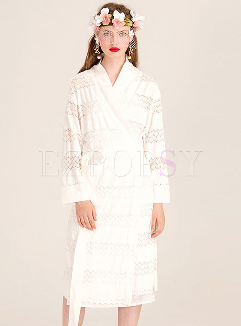 V-Neck Hollow Out Belt Embroidery Pocket Causal Coat