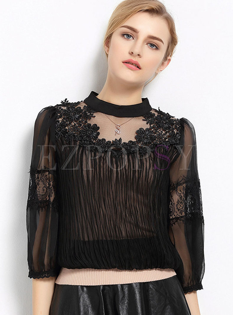 Lace Patchwork Pleated T-Shirt