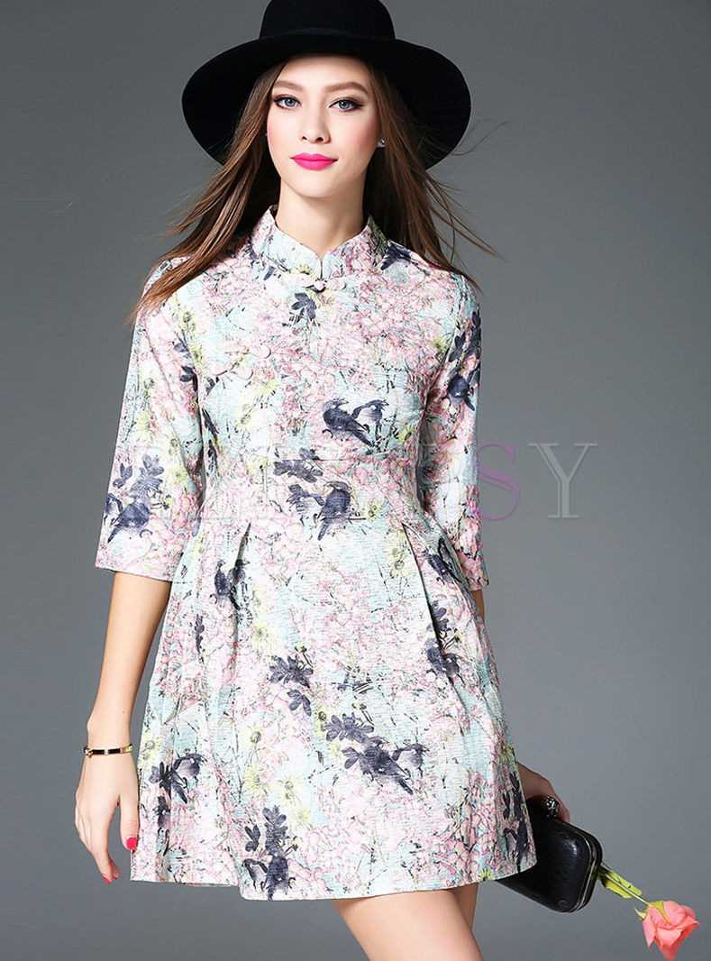 Dresses | Skater Dresses | Stand Collar Floral Half Sleeve Pleated ...